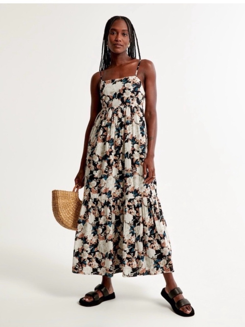 Abercrombie & Fitch Floral Tiered Maxi Dress in Black, Cream, and Tan